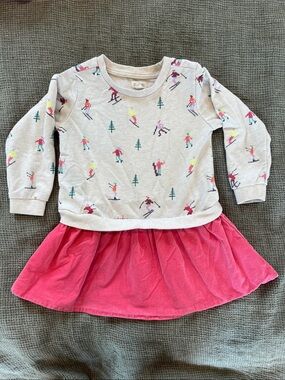 Girls Ski Print Sweatshirt Dress with Pink Skirt